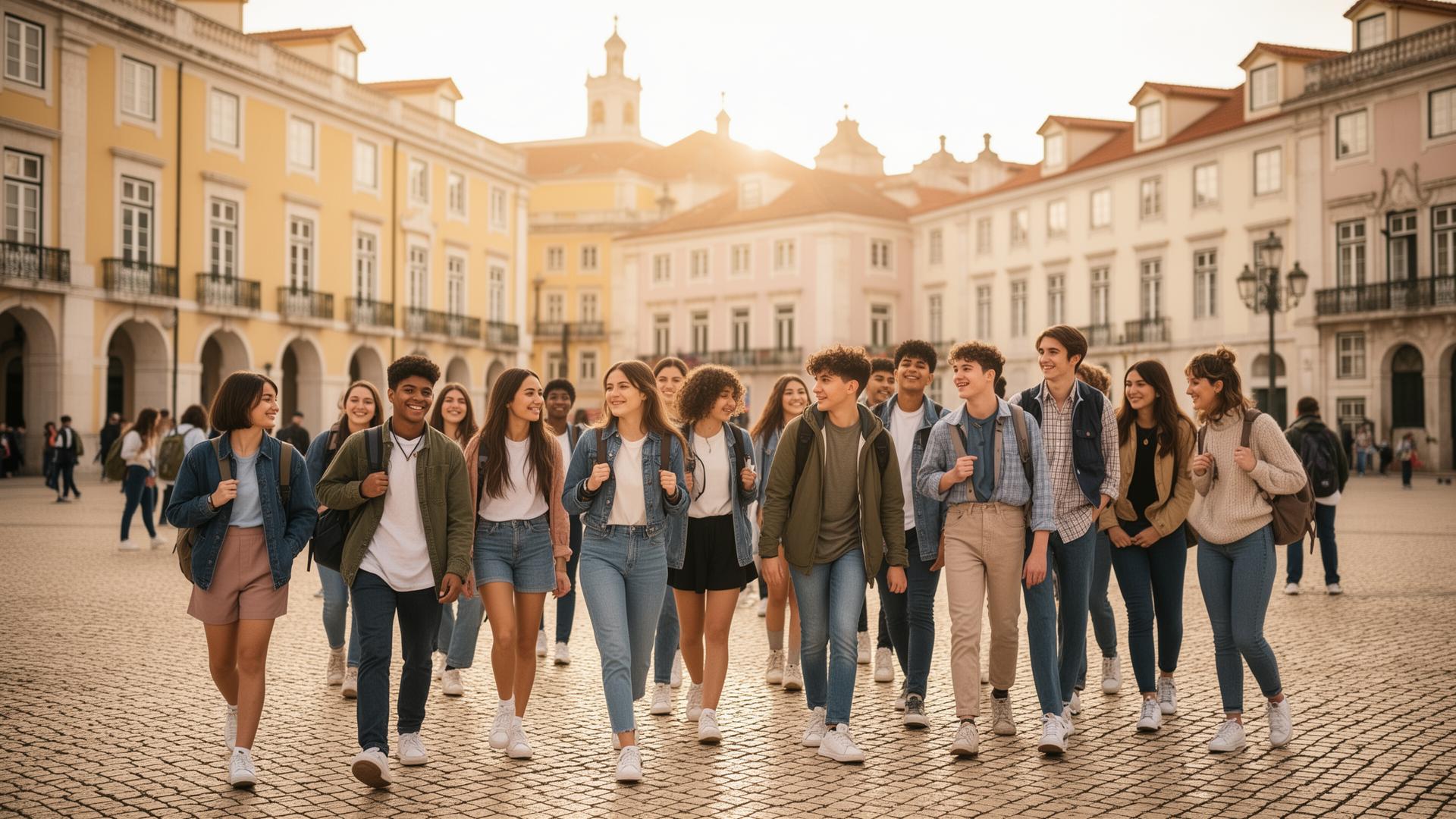 International students walking through a historic Lisbon plaza with their teachers